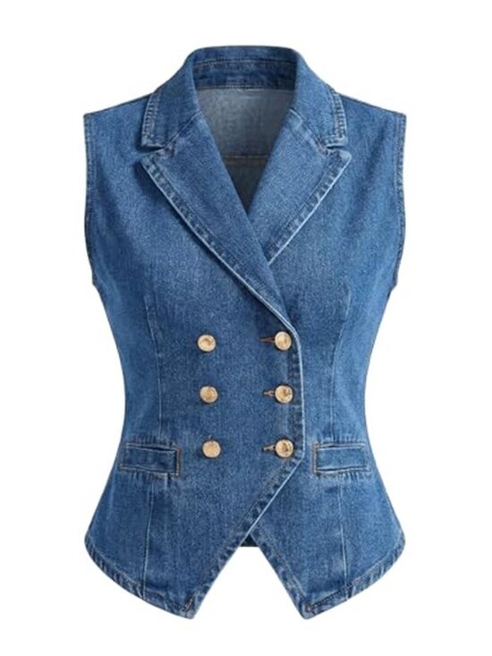Jackets & Blazers - Women's Denim Vest Top Lapel V Neck Sleeveless Jean Vest